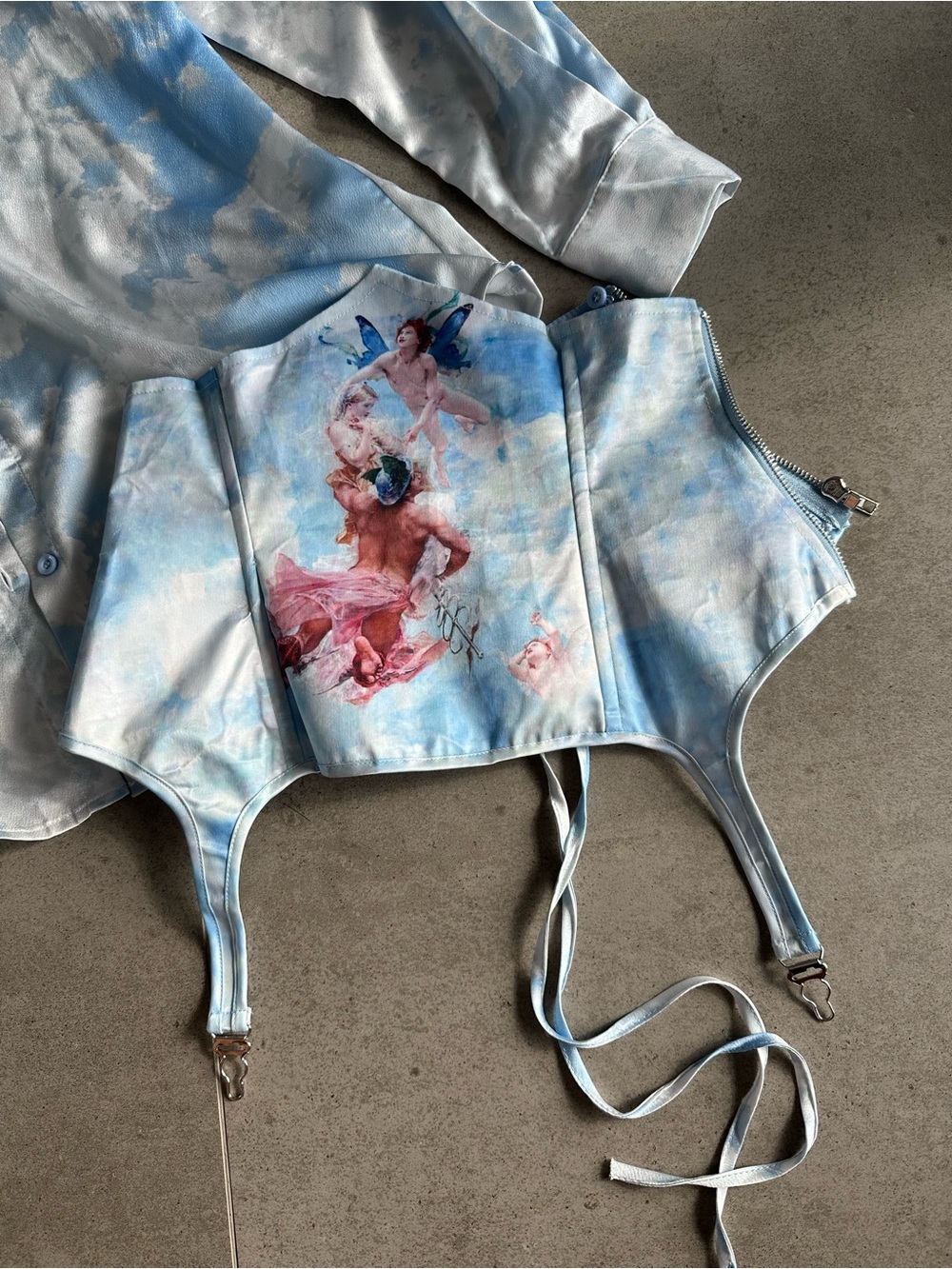 AKIRA Sky-Print Satin Corset Dress in Light Blue - Picture 10 of 17